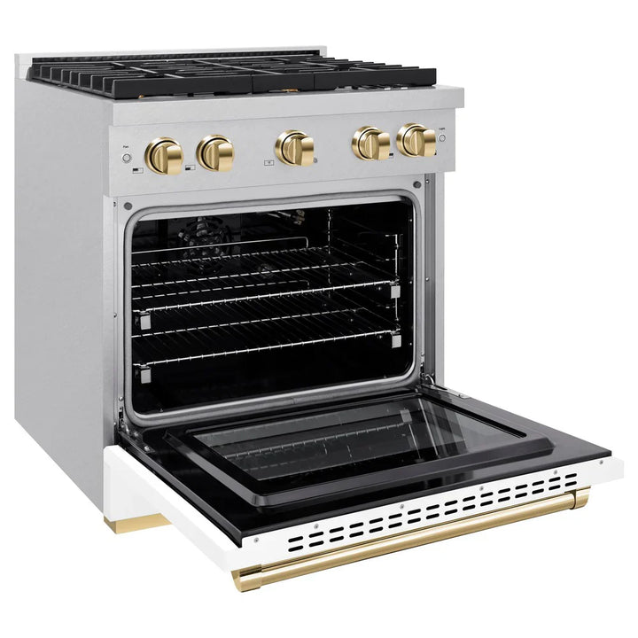 ZLINE Autograph 30" 4.2 cu. ft. Paramount Gas Range with Convection Gas Oven in DuraSnow® Stainless Steel with White Matte Door and Gold Accents, SGRSZ-WM-30-G