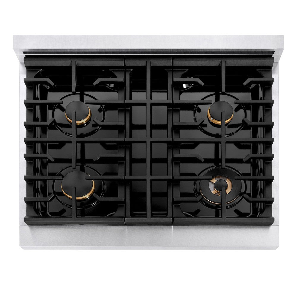ZLINE Autograph Edition 30 in. 4.2 cu. ft. 4 Burner Paramount Gas Range with Convection Gas Oven in Satin Stainless Steel with White Matte Door and Polished Gold Accents (SGRSZ-WM-30-G)