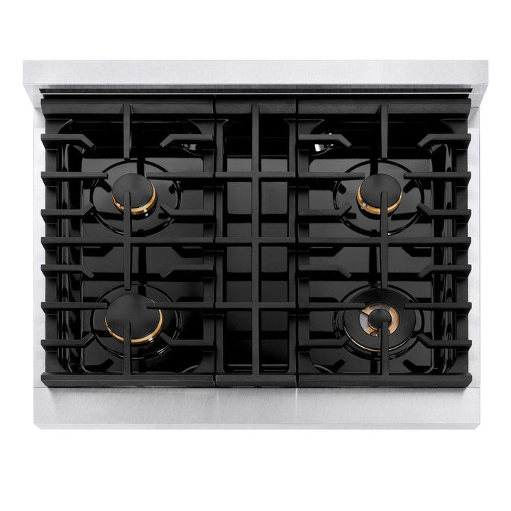 ZLINE Autograph Edition 30 in. 4.2 cu. ft. 4 Burner Paramount Gas Range with Convection Gas Oven in Satin Stainless Steel with White Matte Door and Polished Gold Accents (SGRSZ-WM-30-G)