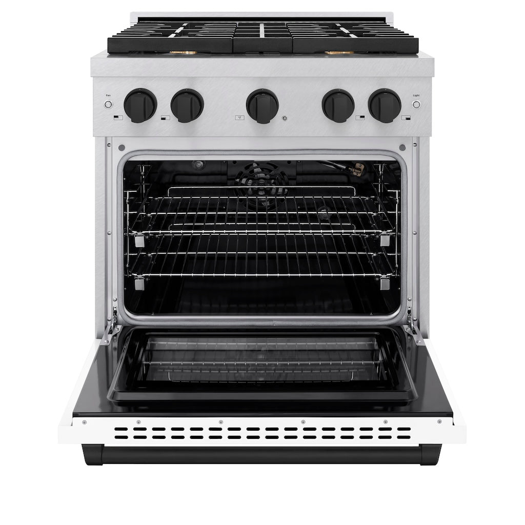 ZLINE Autograph 30" 4.2 cu. ft. Paramount Gas Range with Convection Gas Oven in DuraSnow® Stainless Steel with White Matte Door and Matte Black Accents, SGRSZ-WM-30-MB