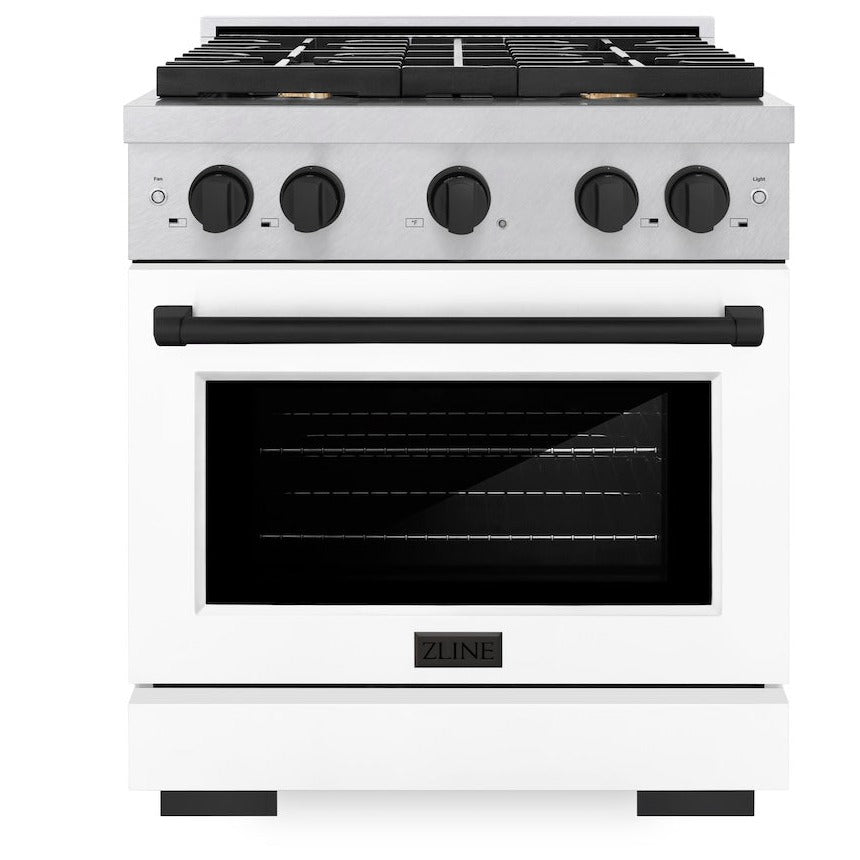 ZLINE Autograph 30" 4.2 cu. ft. Paramount Gas Range with Convection Gas Oven in DuraSnow® Stainless Steel with White Matte Door and Matte Black Accents, SGRSZ-WM-30-MB