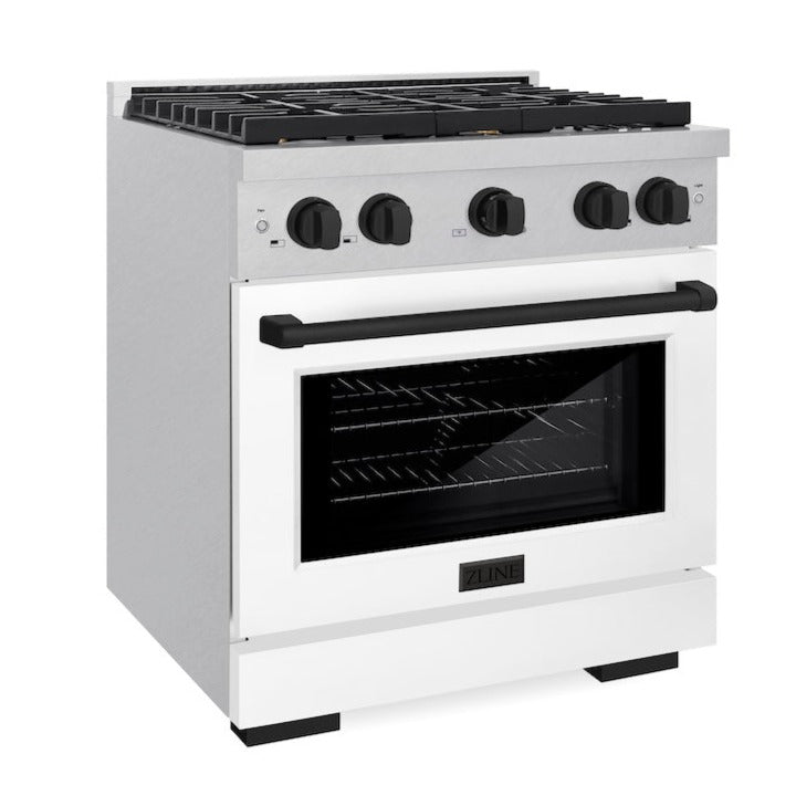 ZLINE Autograph 30" 4.2 cu. ft. Paramount Gas Range with Convection Gas Oven in DuraSnow® Stainless Steel with White Matte Door and Matte Black Accents, SGRSZ-WM-30-MB