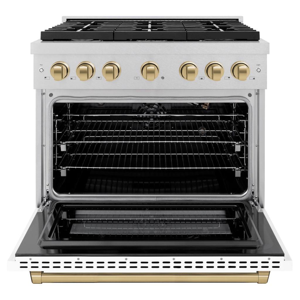 ZLINE Autograph 36" 5.2 cu. ft. Paramount Gas Range with Convection Gas Oven in DuraSnow® Stainless Steel with White Matte Door and Bronze Accents, SGRSZ-WM-36-CB