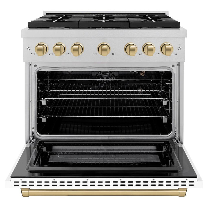 ZLINE Autograph 36" 5.2 cu. ft. Paramount Gas Range with Convection Gas Oven in DuraSnow® Stainless Steel with White Matte Door and Bronze Accents, SGRSZ-WM-36-CB