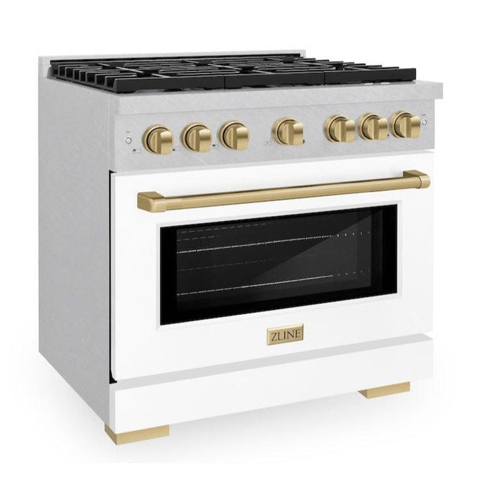 ZLINE Autograph 36" 5.2 cu. ft. Paramount Gas Range with Convection Gas Oven in DuraSnow® Stainless Steel with White Matte Door and Bronze Accents, SGRSZ-WM-36-CB