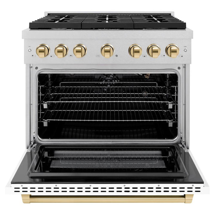 ZLINE Autograph 36" 5.2 cu. ft. Paramount Gas Range with Convection Gas Oven in DuraSnow® Stainless Steel with White Matte Door and Gold Accents, SGRSZ-WM-36-G