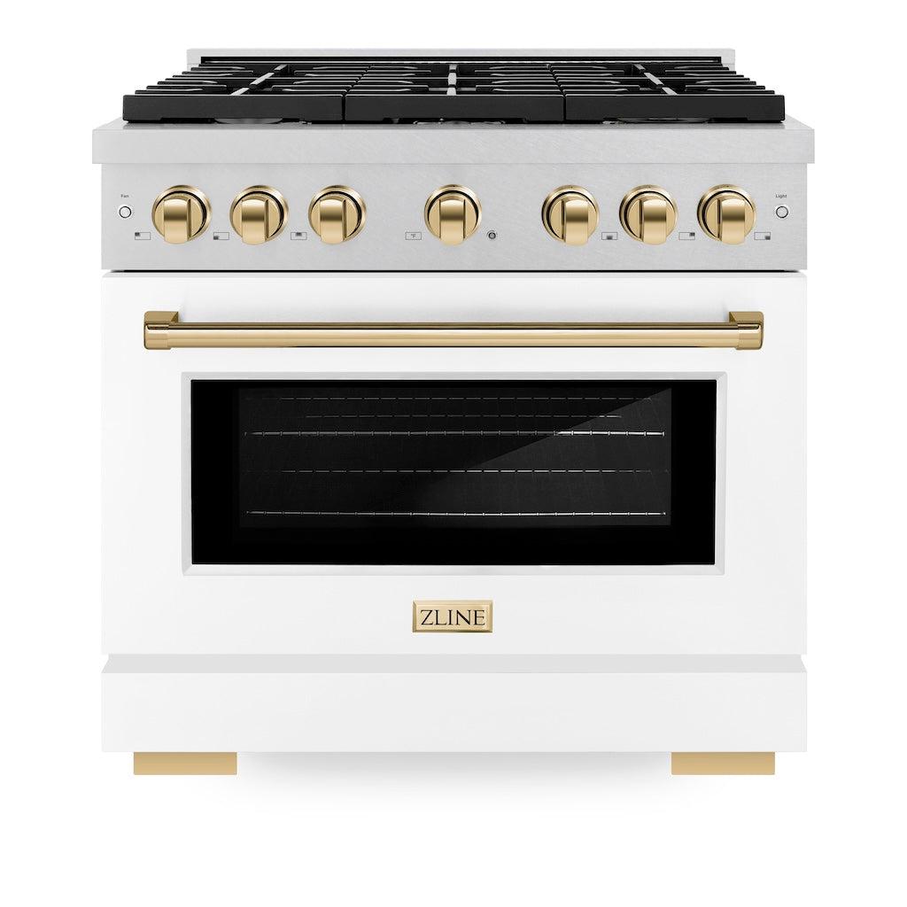 ZLINE Autograph 36" 5.2 cu. ft. Paramount Gas Range with Convection Gas Oven in DuraSnow® Stainless Steel with White Matte Door and Gold Accents, SGRSZ-WM-36-G