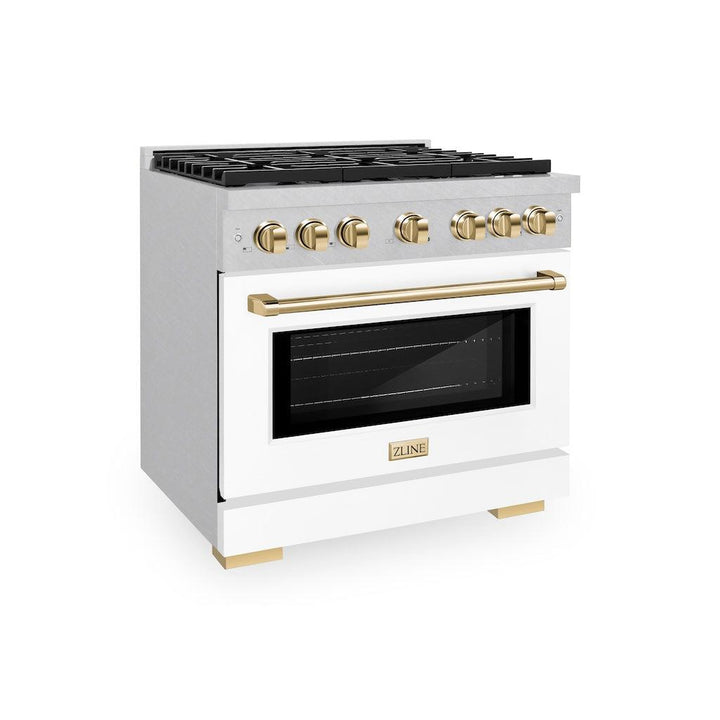 ZLINE Autograph 36" 5.2 cu. ft. Paramount Gas Range with Convection Gas Oven in DuraSnow® Stainless Steel with White Matte Door and Gold Accents, SGRSZ-WM-36-G