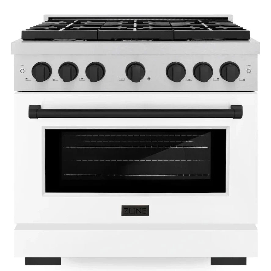 ZLINE Autograph 36" 5.2 cu. ft. Paramount Gas Range with Convection Gas Oven in DuraSnow® Stainless Steel with White Matte Door and Matte Black Accents, SGRSZ-WM-36-MB