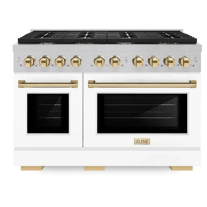 ZLINE Autograph Package - 48 In. Gas Range and Range Hood in DuraSnow® Stainless Steel with White Matte Door and Gold Accents, 2AKPR-RGSWMRH48-G