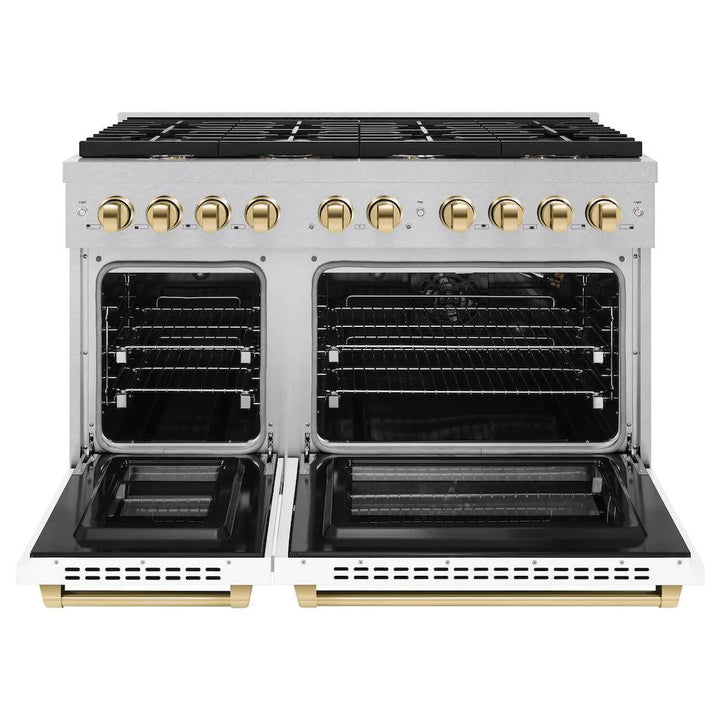 ZLINE Autograph 48" 6.7 cu. ft. Paramount Double Oven Gas Range in DuraSnow® Stainless Steel with White Matte Doors and Gold Accents, SGRSZ-WM-48-G