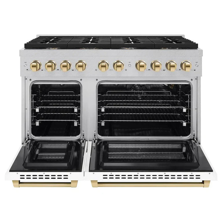 ZLINE Autograph Package - 48 In. Gas Range and Range Hood in DuraSnow® Stainless Steel with White Matte Door and Gold Accents, 2AKPR-RGSWMRH48-G