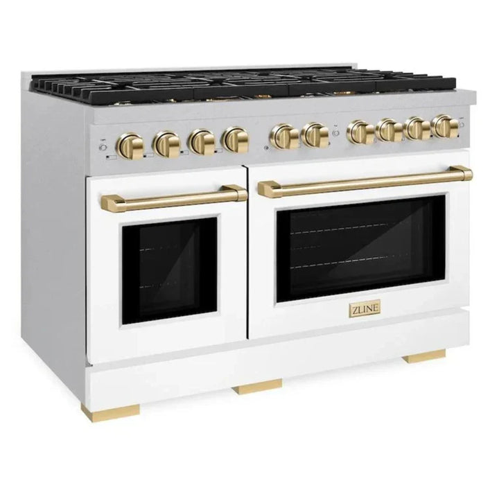 ZLINE Autograph Package - 48 In. Gas Range and Range Hood in DuraSnow® Stainless Steel with White Matte Door and Gold Accents, 2AKPR-RGSWMRH48-G