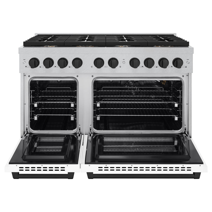 ZLINE Autograph 48" 6.7 cu. ft. Paramount Double Oven Gas Range in DuraSnow® Stainless Steel with White Matte Doors and Matte Black Accents, SGRSZ-WM-48-MB