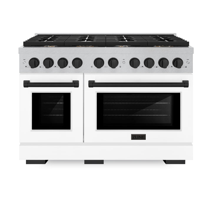 ZLINE Autograph 48" 6.7 cu. ft. Paramount Double Oven Gas Range in DuraSnow® Stainless Steel with White Matte Doors and Matte Black Accents, SGRSZ-WM-48-MB