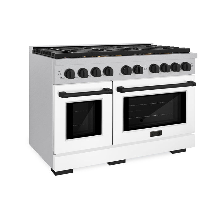 ZLINE Autograph 48" 6.7 cu. ft. Paramount Double Oven Gas Range in DuraSnow® Stainless Steel with White Matte Doors and Matte Black Accents, SGRSZ-WM-48-MB