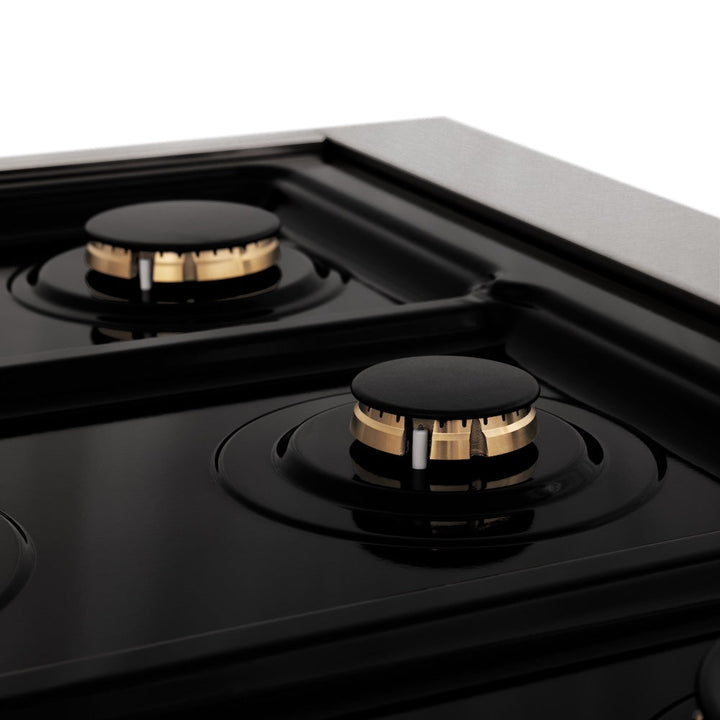 ZLINE Autograph Edition 36 in. 4.6 cu. ft. Legacy Dual Fuel Range with 6 Burner Gas Cooktop and Electric Convection Oven in Satin Stainless Steel with Black Matte Door and Polished Gold Accents (RASZ-BLM-36-G)