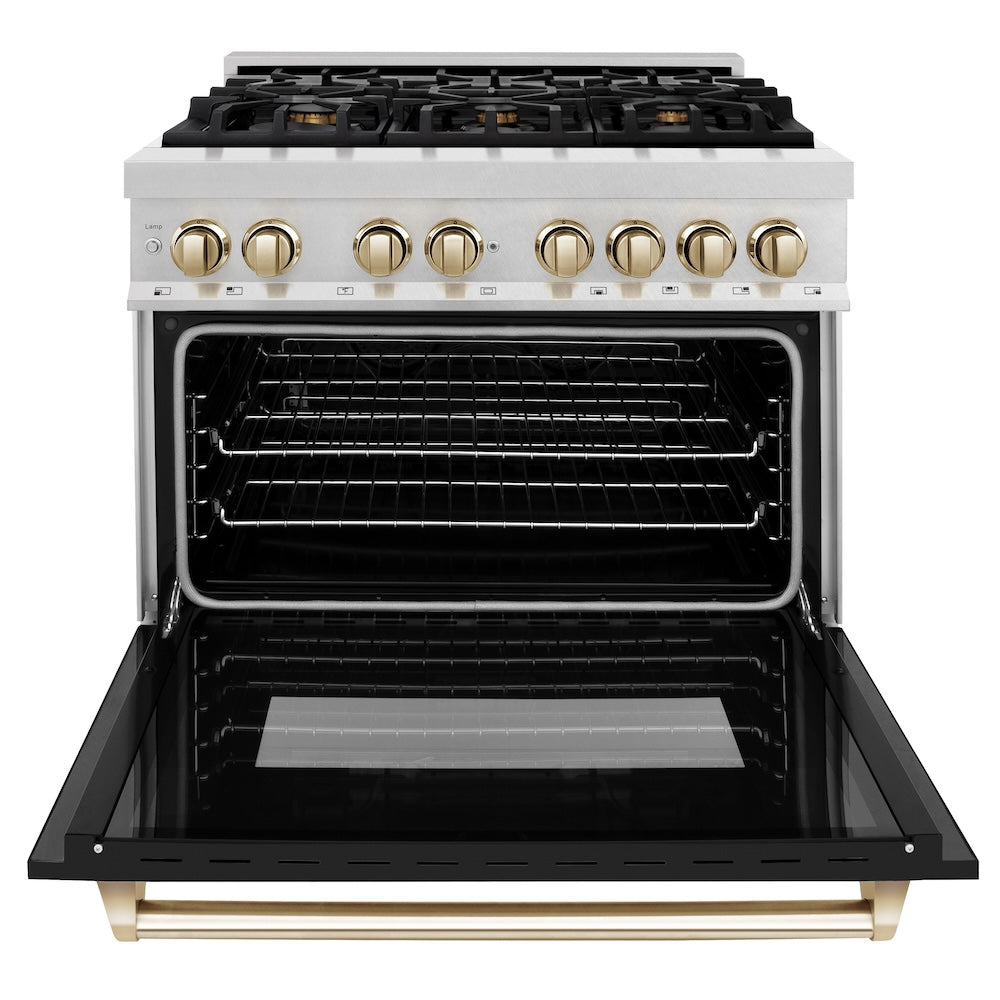 ZLINE Autograph Edition 36 in. 4.6 cu. ft. Legacy Dual Fuel Range with 6 Burner Gas Cooktop and Electric Convection Oven in Satin Stainless Steel with Black Matte Door and Polished Gold Accents (RASZ-BLM-36-G)