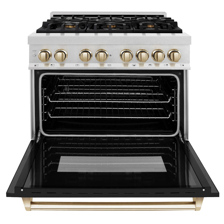 ZLINE Autograph Edition 36 in. 4.6 cu. ft. Legacy Dual Fuel Range with 6 Burner Gas Cooktop and Electric Convection Oven in Satin Stainless Steel with Black Matte Door and Polished Gold Accents (RASZ-BLM-36-G)