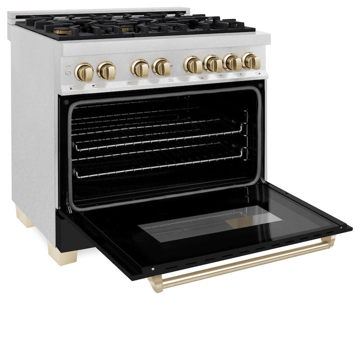 ZLINE Autograph Edition 36 in. 4.6 cu. ft. Legacy Dual Fuel Range with 6 Burner Gas Cooktop and Electric Convection Oven in Satin Stainless Steel with Black Matte Door and Polished Gold Accents (RASZ-BLM-36-G)