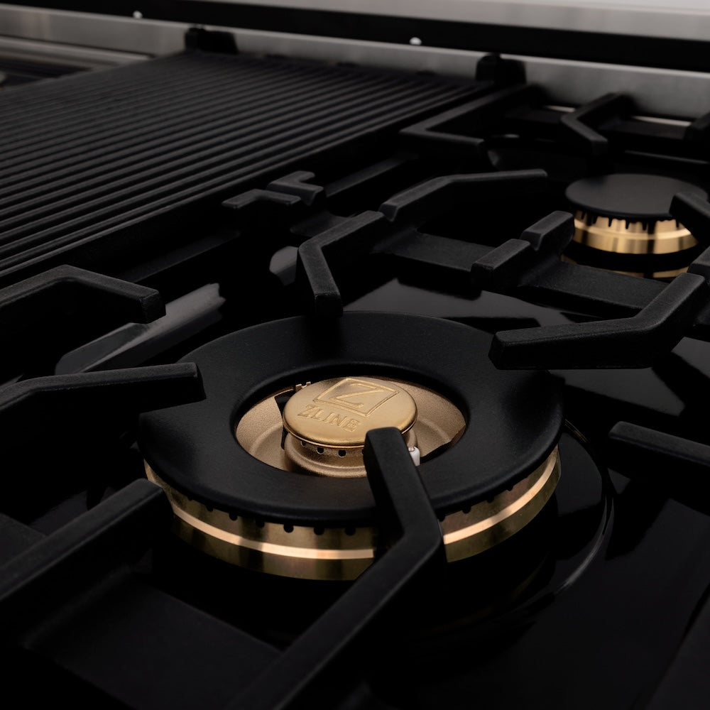 ZLINE Autograph Edition 48 in. 6.0 cu. ft. Legacy Dual Fuel Range with 7 Burner Gas Cooktop and 2 Electric Ovens in Satin Stainless Steel with Black Matte Doors and Champagne Bronze Accents (RASZ-BLM-48-CB)
