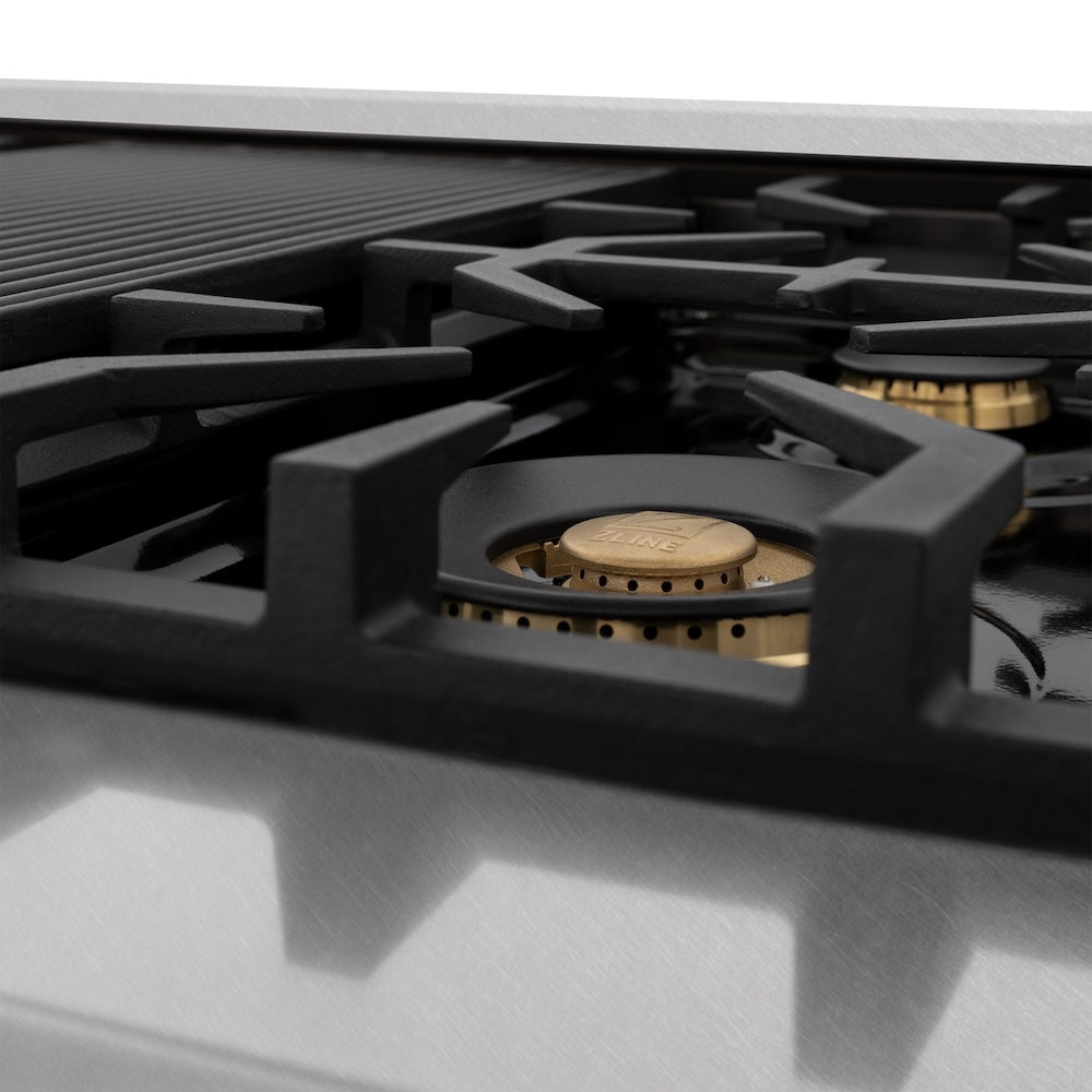 ZLINE Autograph Edition 48 in. 6.0 cu. ft. Legacy Dual Fuel Range with 7 Burner Gas Cooktop and 2 Electric Ovens in Satin Stainless Steel with Black Matte Doors and Polished Gold Accents (RASZ-BLM-48-G)