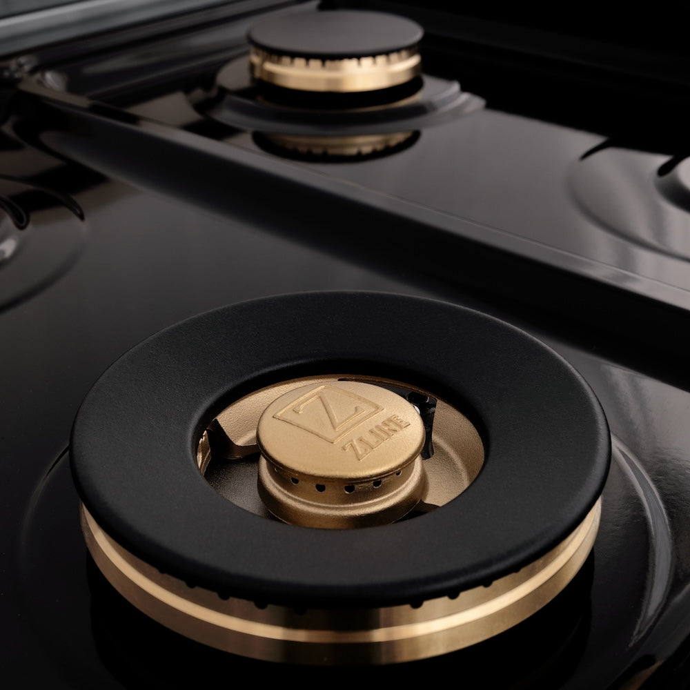 ZLINE Autograph Edition 48 in. 6.0 cu. ft. Legacy Dual Fuel Range with 7 Burner Gas Cooktop and 2 Electric Ovens in Satin Stainless Steel with Black Matte Doors and Polished Gold Accents (RASZ-BLM-48-G)