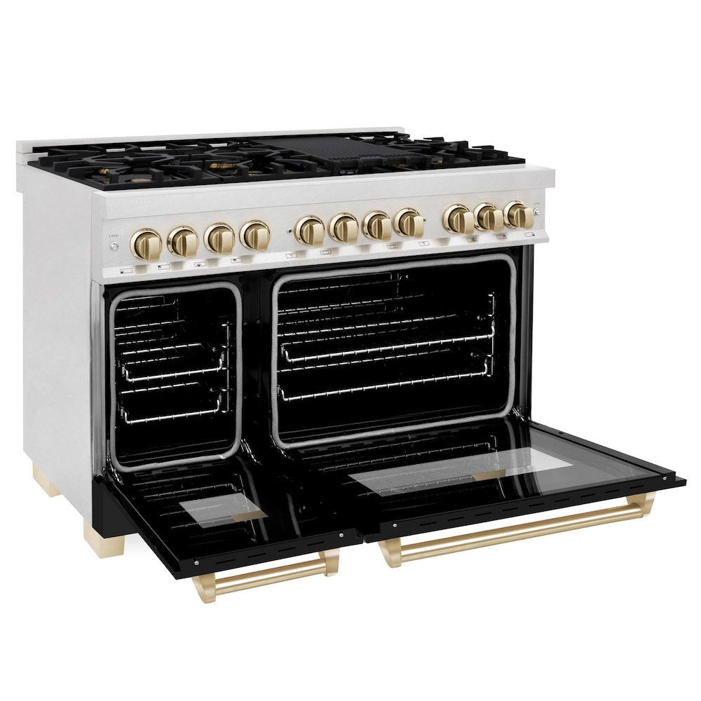 ZLINE Autograph Edition 48 in. 6.0 cu. ft. Legacy Dual Fuel Range with 7 Burner Gas Cooktop and 2 Electric Ovens in Satin Stainless Steel with Black Matte Doors and Polished Gold Accents (RASZ-BLM-48-G)
