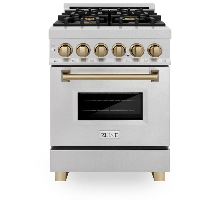ZLINE Autograph Edition 24 in. 2.8 cu. ft. Legacy Dual Fuel Range with 4 Burner Gas Cooktop and Electric Convection Oven in Satin Stainless Steel and Champagne Bronze Accents, Open Box-Excellent Condition
