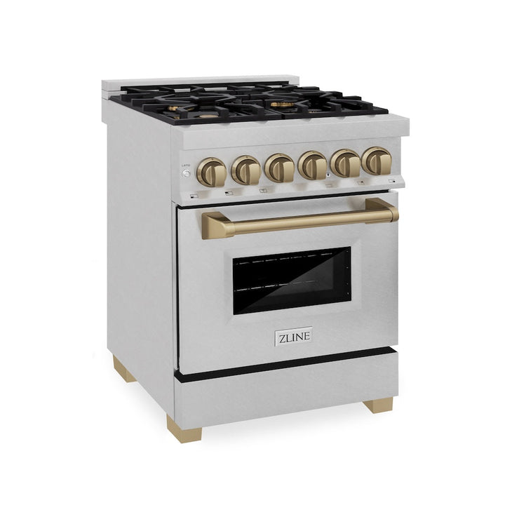 ZLINE Autograph Edition 24 in. 2.8 cu. ft. Legacy Dual Fuel Range with 4 Burner Gas Cooktop and Electric Convection Oven in Satin Stainless Steel and Champagne Bronze Accents, Open Box-Excellent Condition