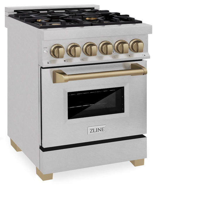 ZLINE Autograph Edition 24 in. 2.8 cu. ft. Legacy Dual Fuel Range with 4 Burner Gas Cooktop and Electric Convection Oven in Satin Stainless Steel and Champagne Bronze Accents, Open Box-Excellent Condition