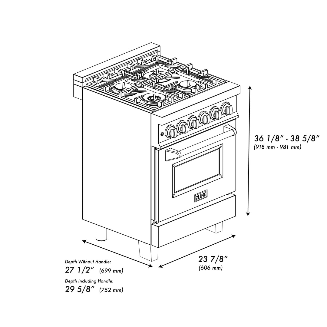 ZLINE Autograph Edition 24 in. 2.8 cu. ft. Legacy Dual Fuel Range with 4 Burner Gas Cooktop and Electric Convection Oven in Satin Stainless Steel and Polished Gold Accents (RASZ-SN-24-G)