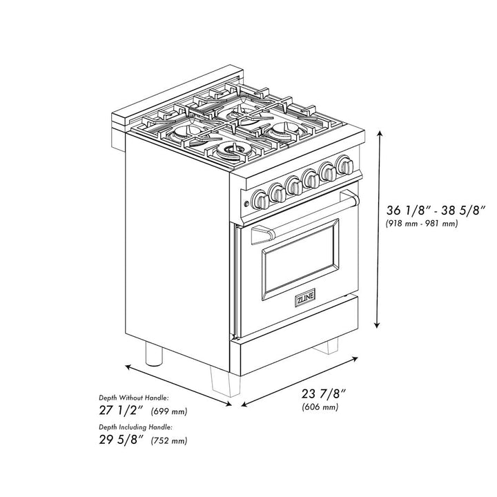 ZLINE Autograph Edition 24 in. 2.8 cu. ft. Legacy Dual Fuel Range with 4 Burner Gas Cooktop and Electric Convection Oven in Satin Stainless Steel and Polished Gold Accents, Open Box-Excellent Condition