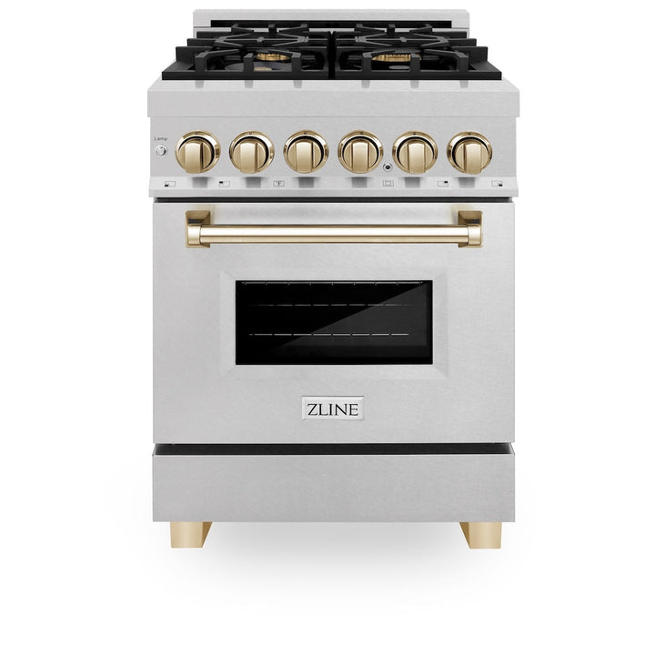 ZLINE Autograph Edition 24 in. 2.8 cu. ft. Legacy Dual Fuel Range with 4 Burner Gas Cooktop and Electric Convection Oven in Satin Stainless Steel and Polished Gold Accents, Open Box-Excellent Condition