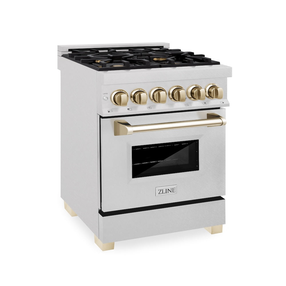 ZLINE Autograph Edition 24 in. 2.8 cu. ft. Legacy Dual Fuel Range with 4 Burner Gas Cooktop and Electric Convection Oven in Satin Stainless Steel and Polished Gold Accents, Open Box-Excellent Condition