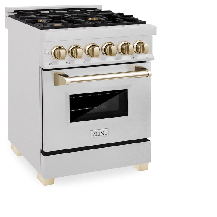 ZLINE Autograph Edition 24 in. 2.8 cu. ft. Legacy Dual Fuel Range with 4 Burner Gas Cooktop and Electric Convection Oven in Satin Stainless Steel and Polished Gold Accents, Open Box-Excellent Condition