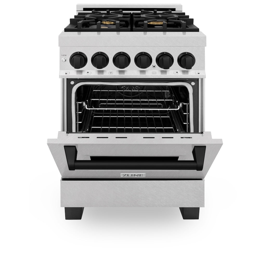 ZLINE Autograph Edition 24 in. 2.8 cu. ft. Legacy Dual Fuel Range with 4 Burner Gas Cooktop and Electric Convection Oven in Satin Stainless Steel and Matte Black Accents, Open Box-Excellent Condition
