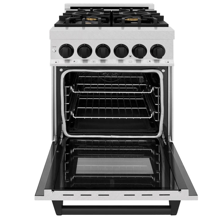 ZLINE Autograph Edition 24 in. 2.8 cu. ft. Legacy Dual Fuel Range with 4 Burner Gas Cooktop and Electric Convection Oven in Satin Stainless Steel and Matte Black Accents, Open Box-Excellent Condition