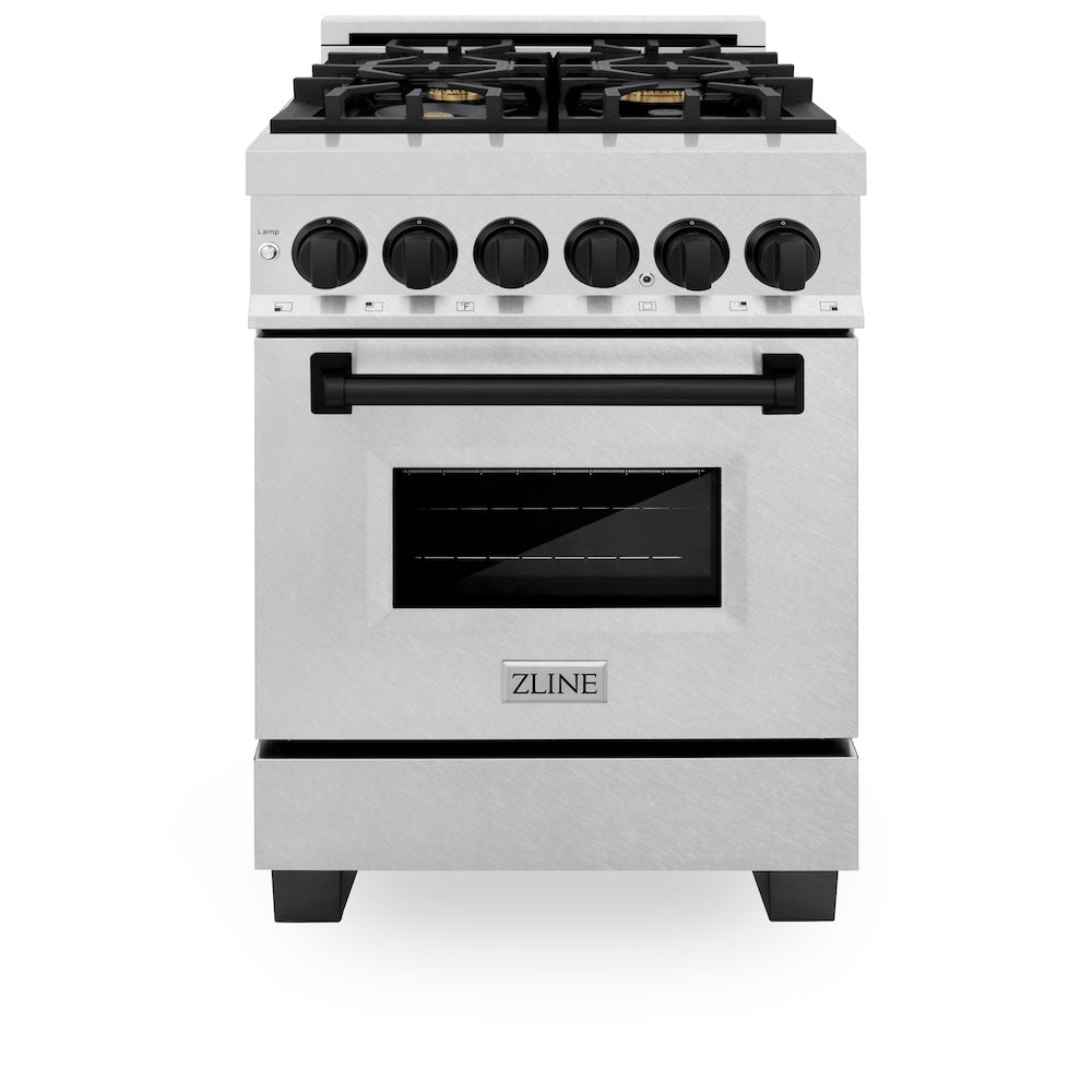 ZLINE Autograph Edition 24 in. 2.8 cu. ft. Legacy Dual Fuel Range with 4 Burner Gas Cooktop and Electric Convection Oven in Satin Stainless Steel and Matte Black Accents, Open Box-Excellent Condition