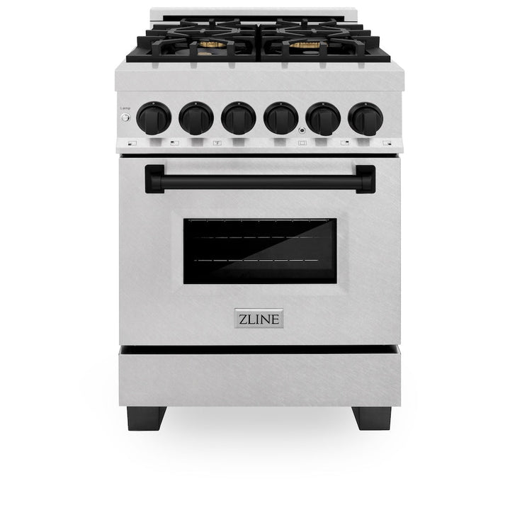 ZLINE Autograph Edition 24 in. 2.8 cu. ft. Legacy Dual Fuel Range with 4 Burner Gas Cooktop and Electric Convection Oven in Satin Stainless Steel and Matte Black Accents, Open Box-Excellent Condition