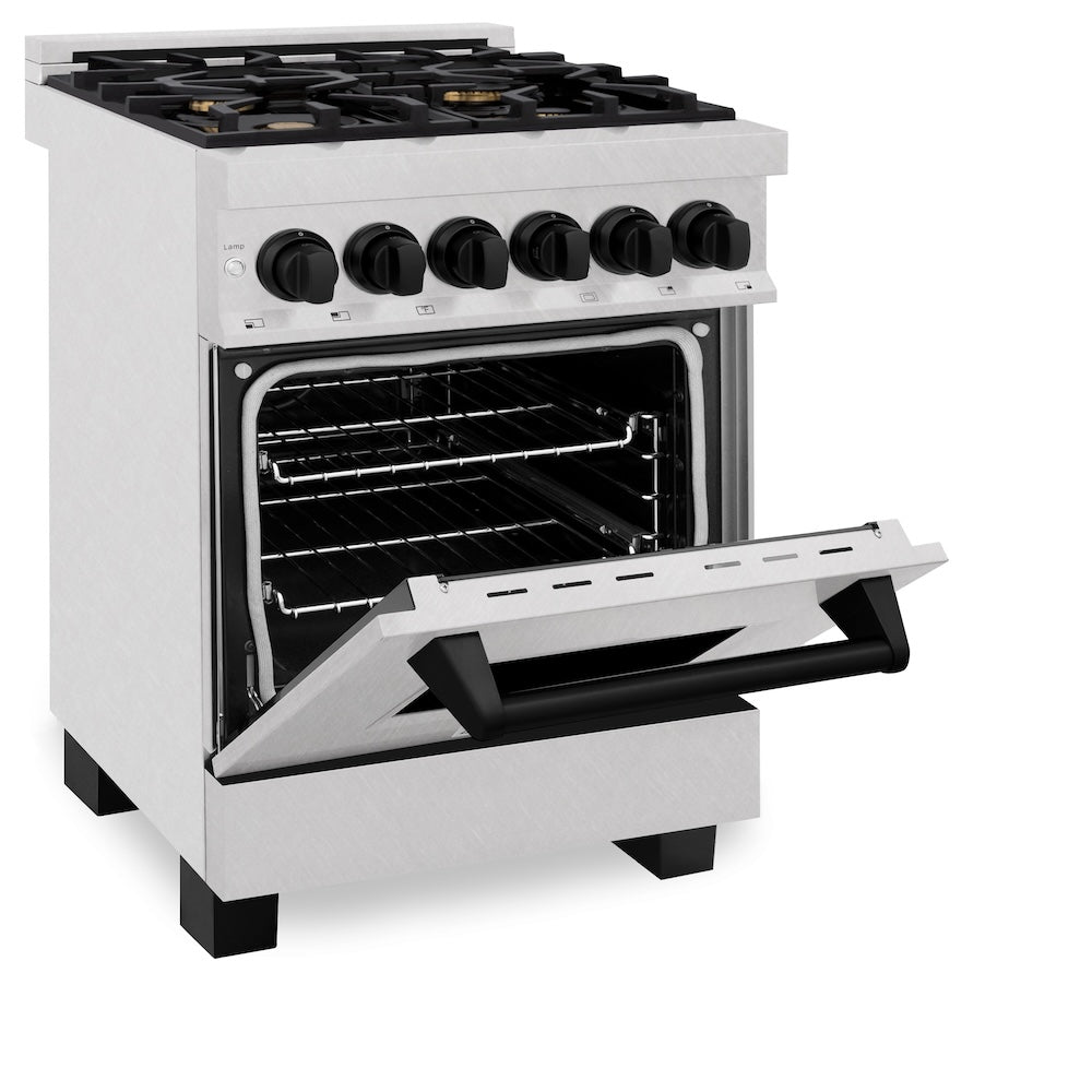 ZLINE Autograph Edition 24 in. 2.8 cu. ft. Legacy Dual Fuel Range with 4 Burner Gas Cooktop and Electric Convection Oven in Satin Stainless Steel and Matte Black Accents, Open Box-Excellent Condition