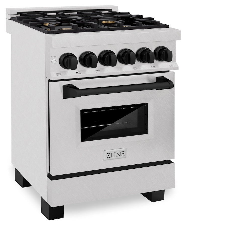 ZLINE Autograph Edition 24 in. 2.8 cu. ft. Legacy Dual Fuel Range with 4 Burner Gas Cooktop and Electric Convection Oven in Satin Stainless Steel and Matte Black Accents, Open Box-Excellent Condition