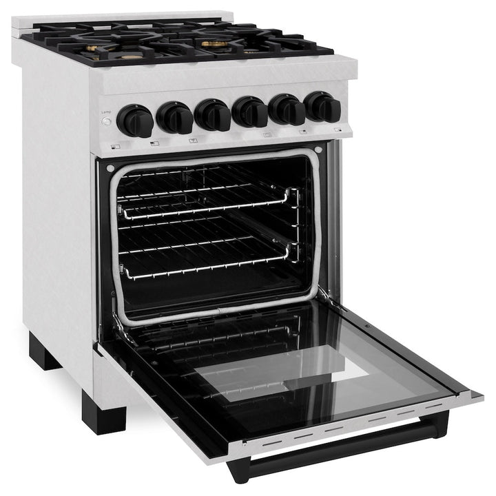 ZLINE Autograph Edition 24 in. 2.8 cu. ft. Legacy Dual Fuel Range with 4 Burner Gas Cooktop and Electric Convection Oven in Satin Stainless Steel and Matte Black Accents, Open Box-Excellent Condition