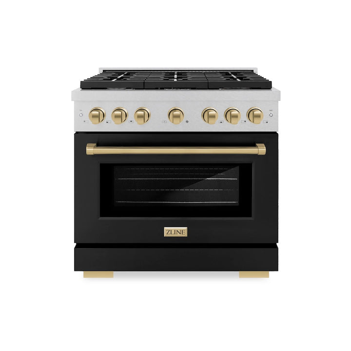 ZLINE Autograph Edition 36 in. 5.2 cu. ft. Paramount Dual Fuel Range with 6 Burner Gas Cooktop and Electric Convection Oven in Satin Stainless Steel with Black Matte Door and Champagne Bronze Accents (SDRSZ-BLM-36-CB)