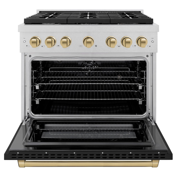 ZLINE Autograph Edition 36 in. 5.2 cu. ft. Paramount Dual Fuel Range with 6 Burner Gas Cooktop and Electric Convection Oven in Satin Stainless Steel with Black Matte Door and Champagne Bronze Accents (SDRSZ-BLM-36-CB)