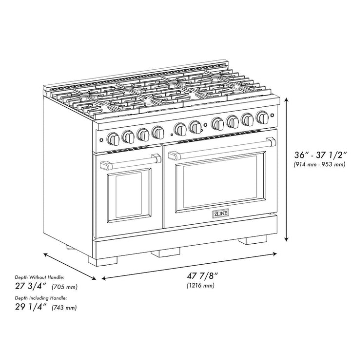 ZLINE Autograph Edition 48 in. 6.7 cu. ft. Paramount Double Oven Dual Fuel Range with 8 Burner Gas Cooktop in Satin Stainless Steel with Black Matte Doors and Champagne Bronze Accents (SDRSZ-BLM-48-CB)