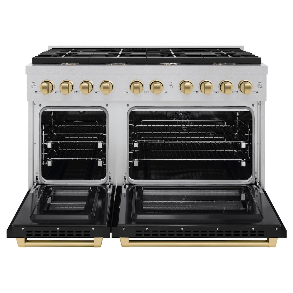 ZLINE Autograph Edition 48 in. 6.7 cu. ft. Paramount Double Oven Dual Fuel Range with 8 Burner Gas Cooktop in Satin Stainless Steel with Black Matte Doors and Champagne Bronze Accents (SDRSZ-BLM-48-CB)
