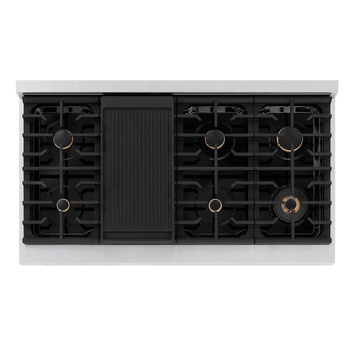 ZLINE Autograph Edition 48 in. 6.7 cu. ft. Paramount Double Oven Dual Fuel Range with 8 Burner Gas Cooktop in Satin Stainless Steel with Black Matte Doors and Champagne Bronze Accents (SDRSZ-BLM-48-CB)