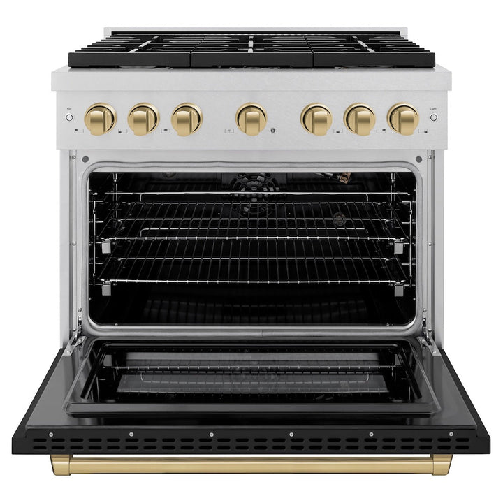 ZLINE Autograph Edition 36 in. 5.2 cu. ft. Paramount Gas Range with 6 Burner Cooktop and Convection Gas Oven in Satin Stainless Steel with Black Matte Door and Champagne Bronze Accents (SGRSZ-BLM-36-CB)