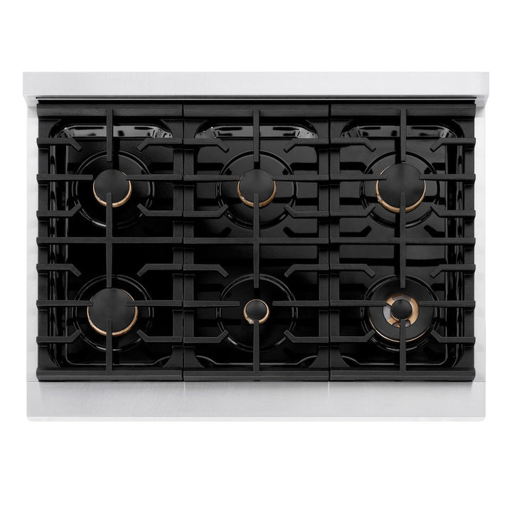 ZLINE Autograph Edition 36 in. 5.2 cu. ft. Paramount Gas Range with 6 Burner Cooktop and Convection Gas Oven in Satin Stainless Steel with Black Matte Door and Champagne Bronze Accents (SGRSZ-BLM-36-CB)